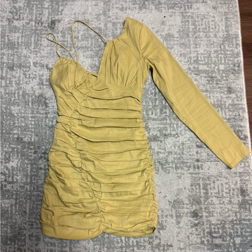 Zara Mustard Long Sleeve Ruched Dress
